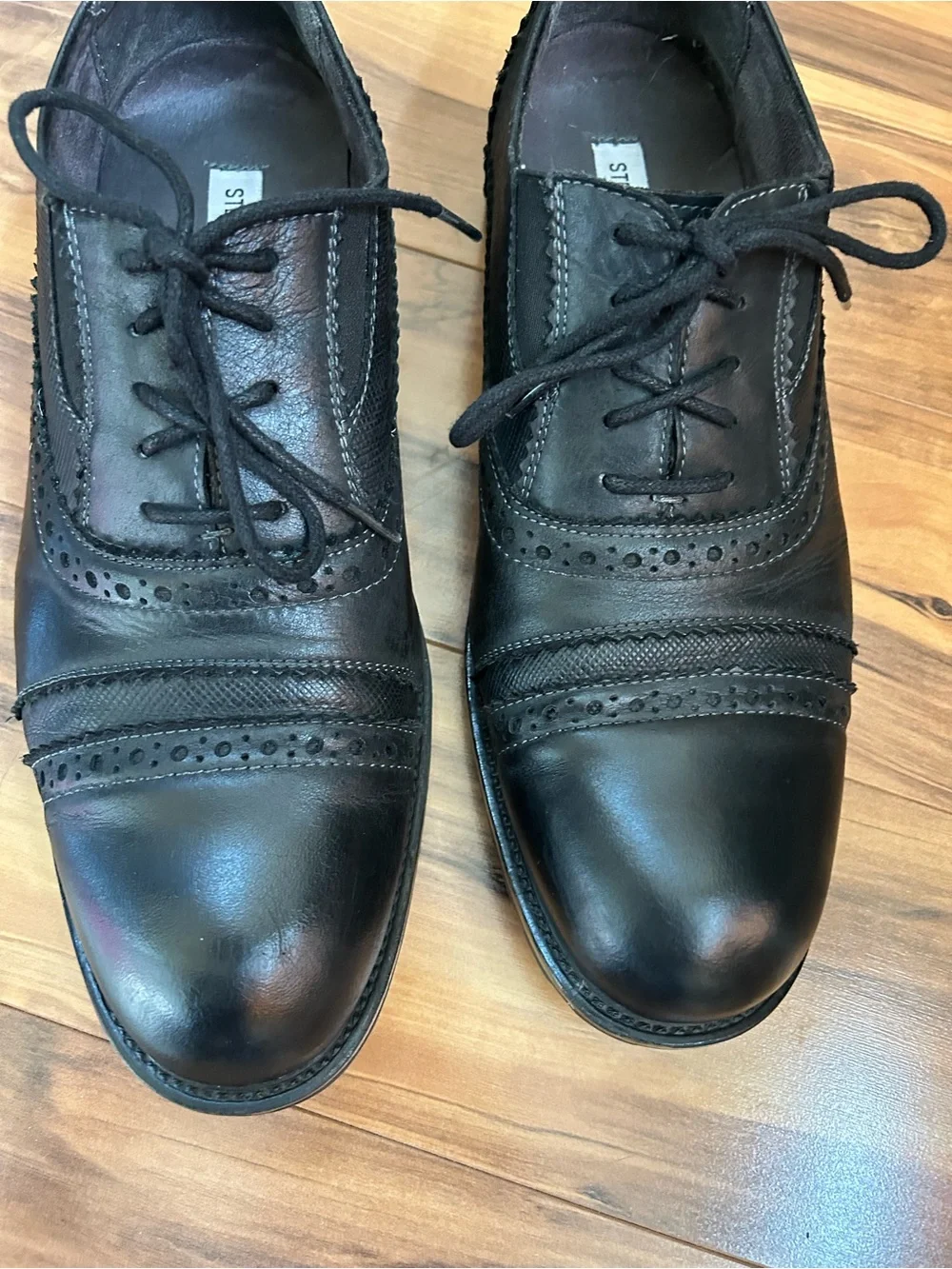 Steve Madden Mens Spanner Black Leather Brogue Oxfords, Lug Sole, Wood Accent 11